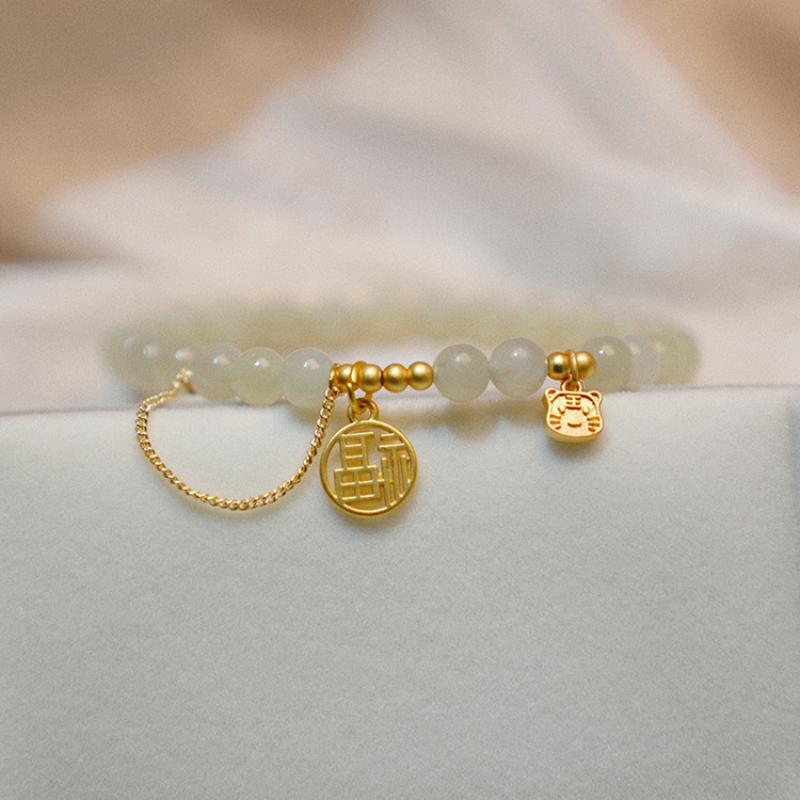 Natural Hotan Jade Bracelet for Women High-level Exquisite Cute Fu Word Tiger Pendant Bangles Party Jewelry for Girlfriend