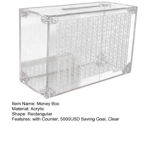 Transparent Acrylic Money Box with Counter 5000USD Saving Goal Kids Adults Clear Piggy Bank Coin Cash Container Money Saving Challenges Box Boys Girls
