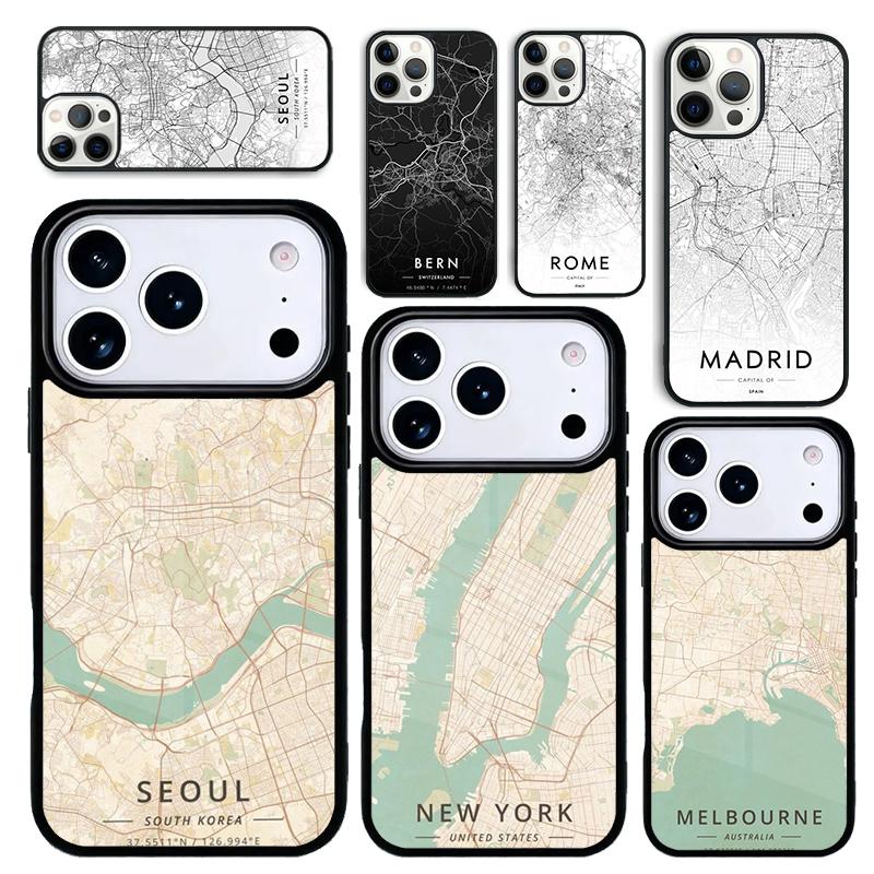 Capa Case for iPhone 17 Air 16 Pro Max 15 Plus 11 13 Mini 14 12 Back Phone Cover Ins Travel Country Sketch City Map