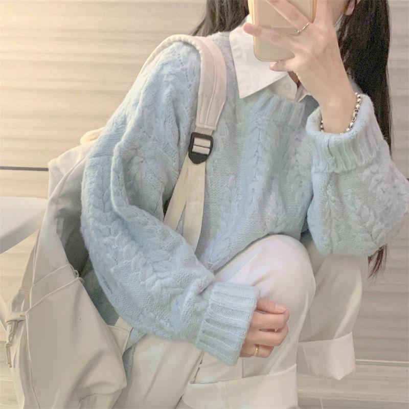 

Milky Blue Soft Cable Knit Sweater - Women s Korean Casual College Style Pullover XL [120-135 lbs]