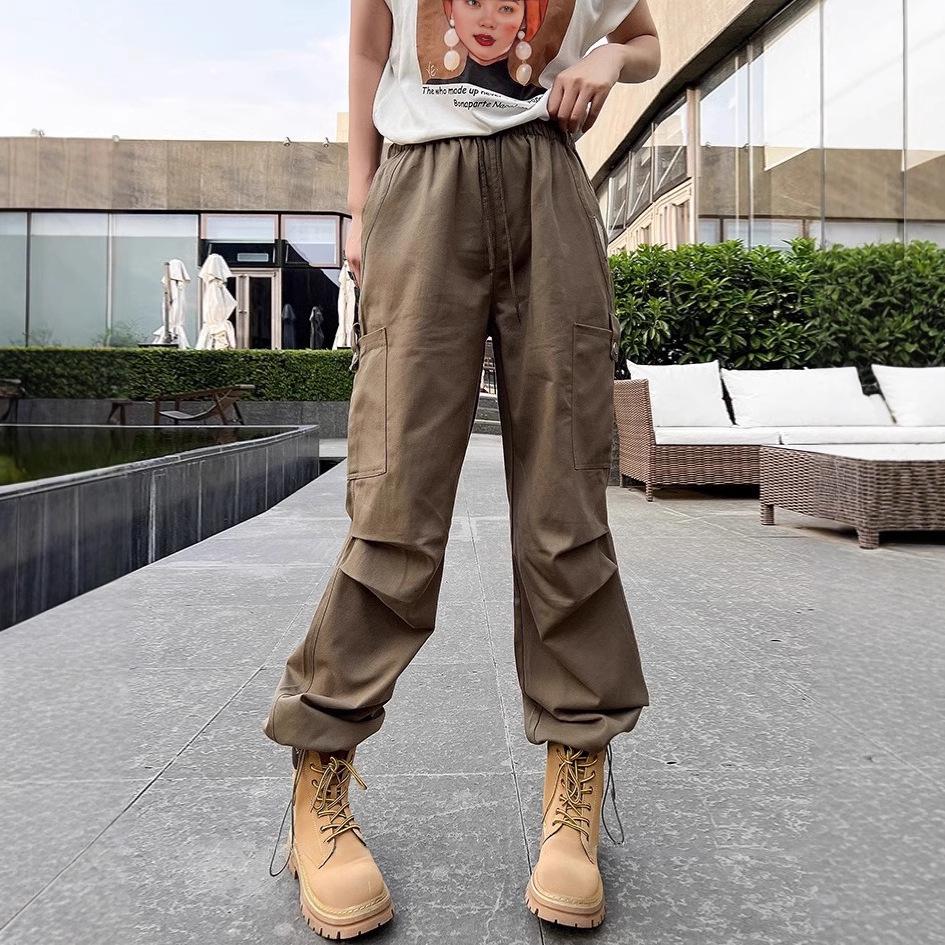 

2025 Autumn/Winter Korean Fashion Elastic Waist Cargo Pants with Side Pockets and Drawstring Straight Leg S чорний