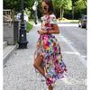 Summer Short Sleeve Vintage Print Sexy Women Dresses Casual Elegant Slim Fit V Neck Floral Long Dress Women High Waist Lace-up Party Club Dress 26101