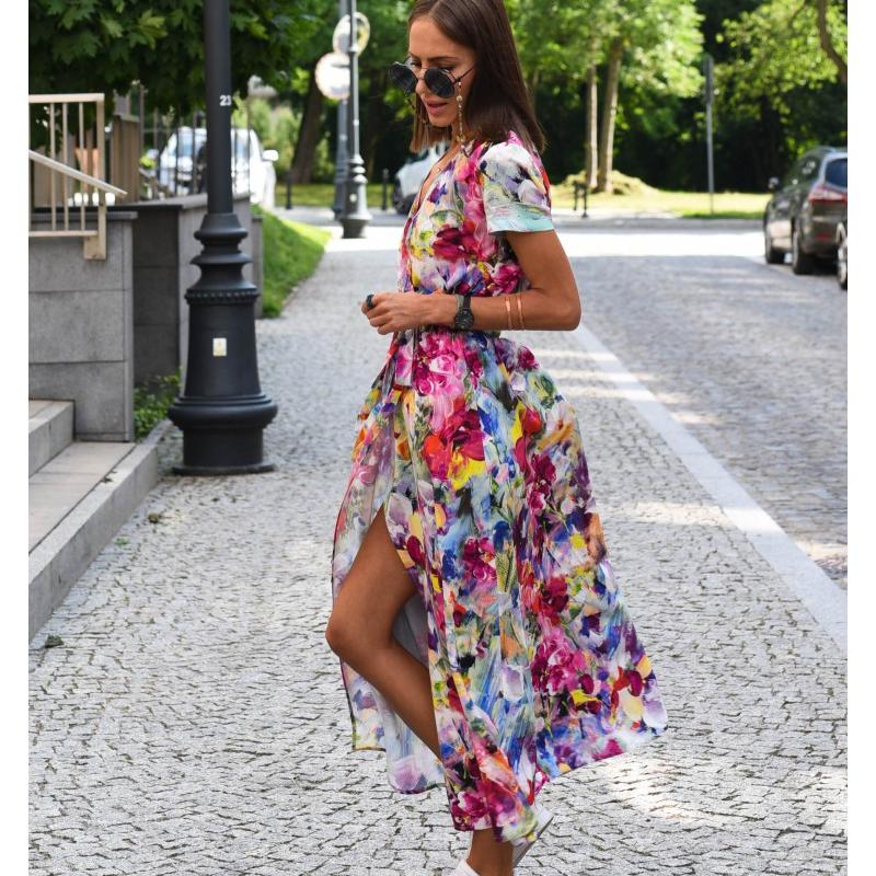 Summer Short Sleeve Vintage Print Sexy Women Dresses Casual Elegant Slim Fit V Neck Floral Long Dress Women High Waist Lace-up Party Club Dress 26101