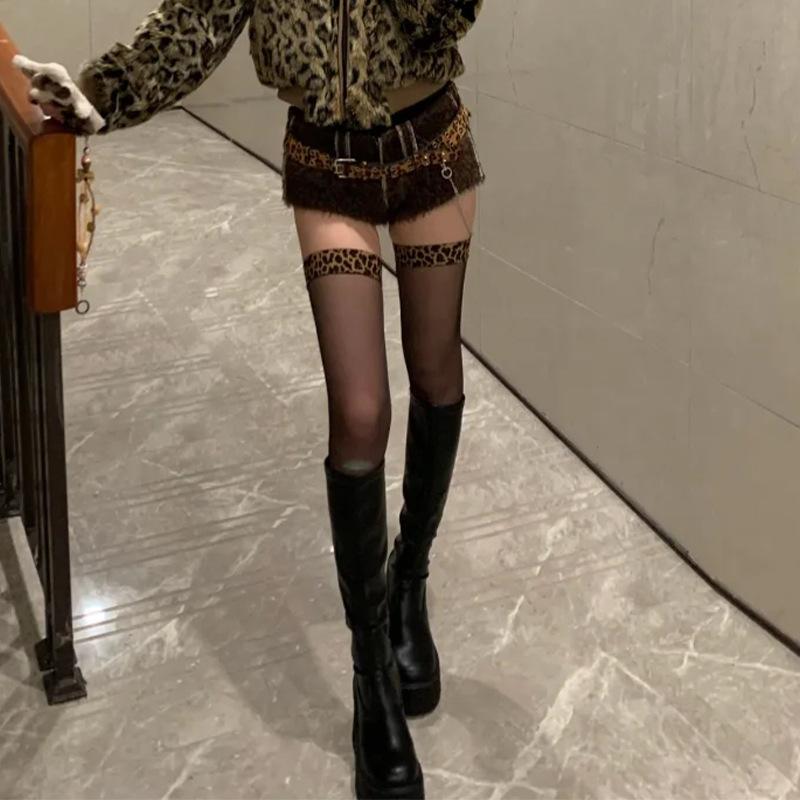 

Чулки с леопардовым принтом женские тонкие шелковые с защитой от затяжек, с черными шелковыми вставками, сексуальные летние гольфы до колена, чулки чистой страсти Non-slip without silicone [average size]
