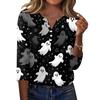 Women V Neck Button Three Quarter Sleeve Top Halloween Print Casual Loose Fit T Shirt for Daily and Holiday Wear