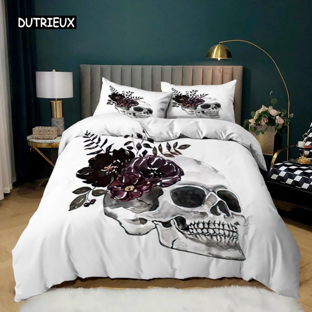 Skull Duvet Cover Queen Size Gothic Skeleton Bedding Set Rose Flower Polyester Comforter Cover for Kids Teens Adults Halloween