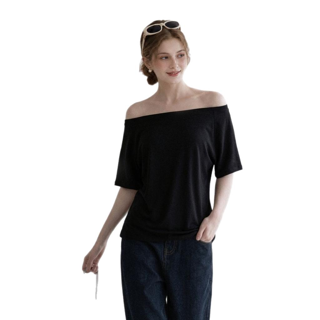 Pure desire wind one-word collar off-shoulder solid color short-sleeved T-shirt women's summer lazy wind loose and thin Spice Girl casual top