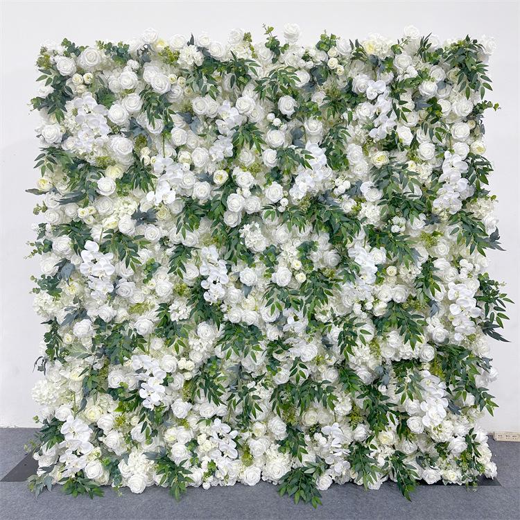 Uflower 5D White & Green Artificial Flowers Wall Roll-Up Burgundy Floral Wedding Curtain Decorative Event Backdrop
