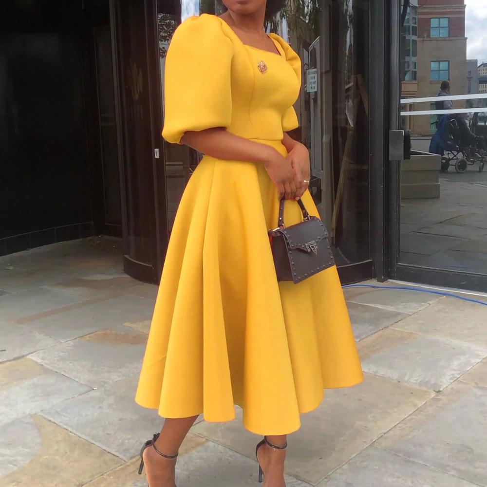 

Роскошные платья для женщин 2025 года с квадратным вырезом, коротким рукавом, высокой талией, плиссировкой, длиной до середины голени, элегантные платья для вечеринок и ужинов на день рождения XXXL