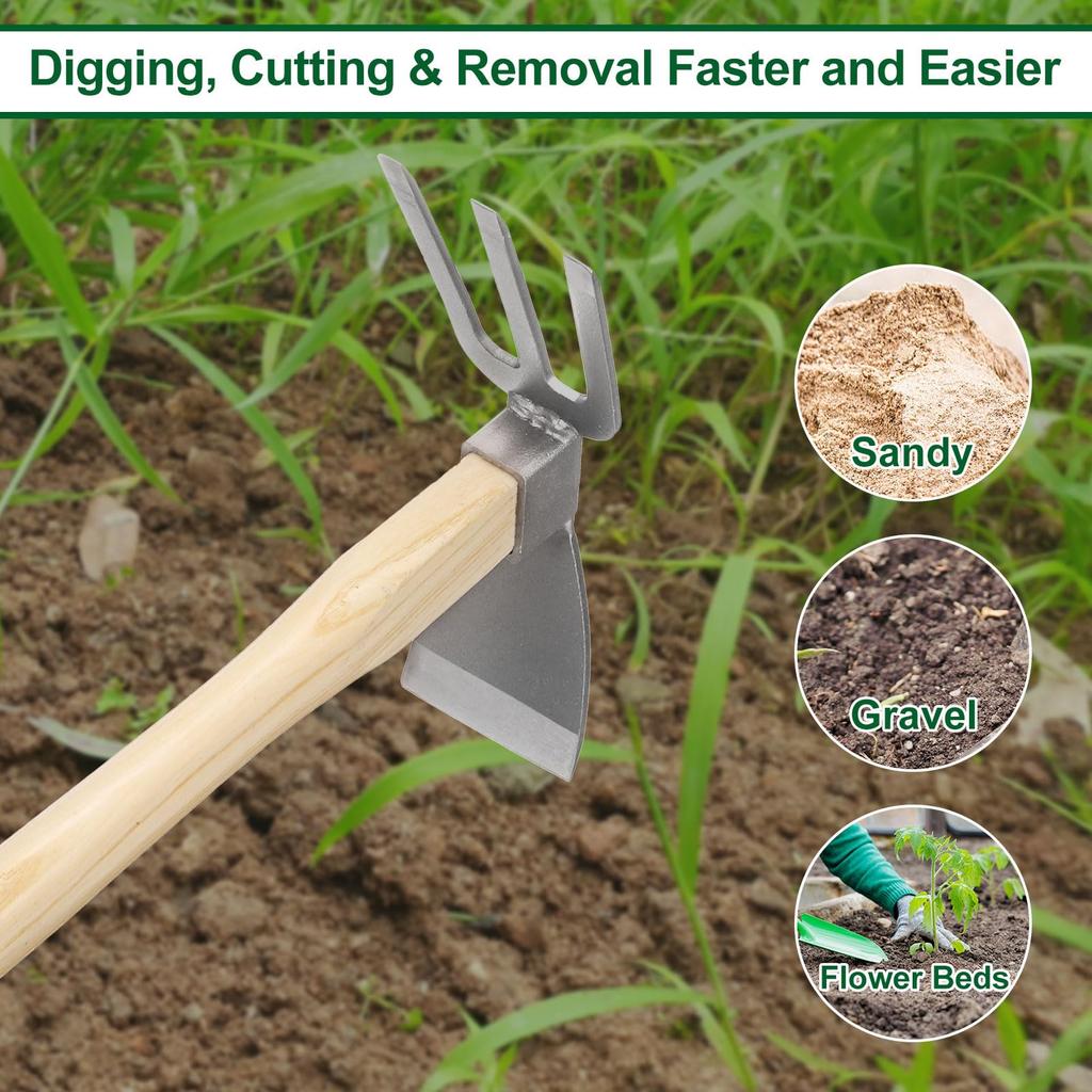 uxcell Garden Hoe and Steel Hoe with Wooden Lightweight Hand Tiller for and Weeding Cultivator, 15" Rust-Resistant, Non-Slip Handle, Backyard, Farm,