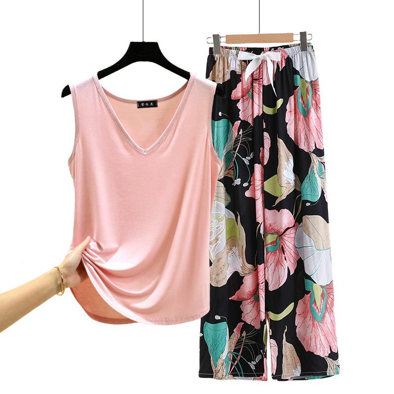 Lockere Modal-Pyjama-Sets Sommer V-Ausschnitt Tanktop und Florale Weite Hosen Lässiger Hausanzug ärmellos Loungewear Übergröße