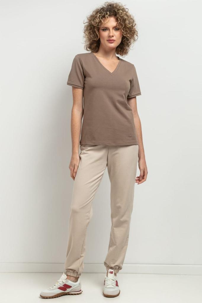 Fitted V-neck blouse T394 white and beige stripes XS
