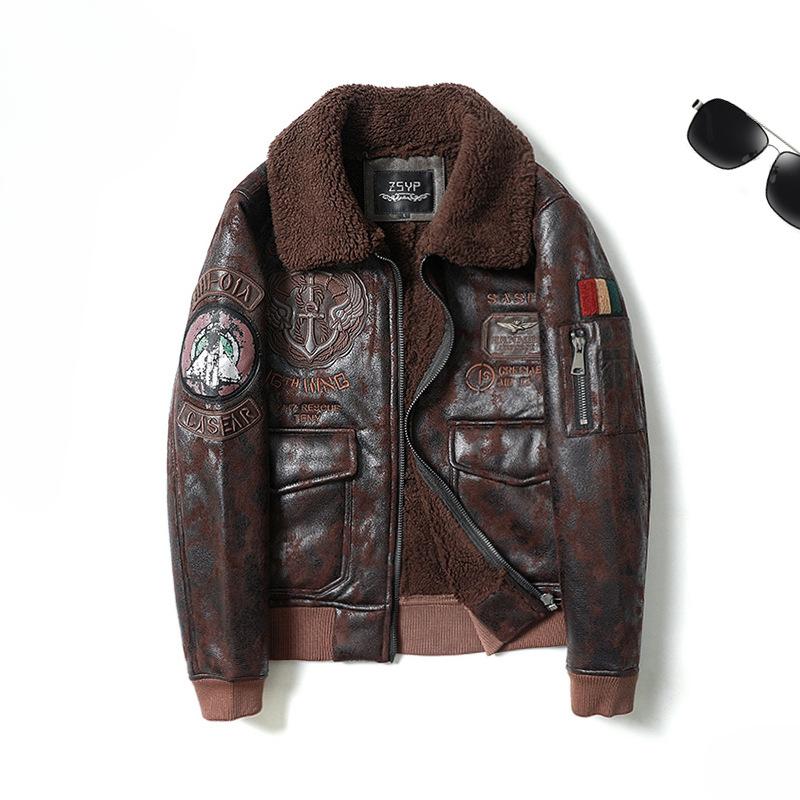 Men's Clothing Plus Size Motorcycle Clothing Fur Integrated American Retro Lapels Fleece-lined Flight Suit Leather Coat