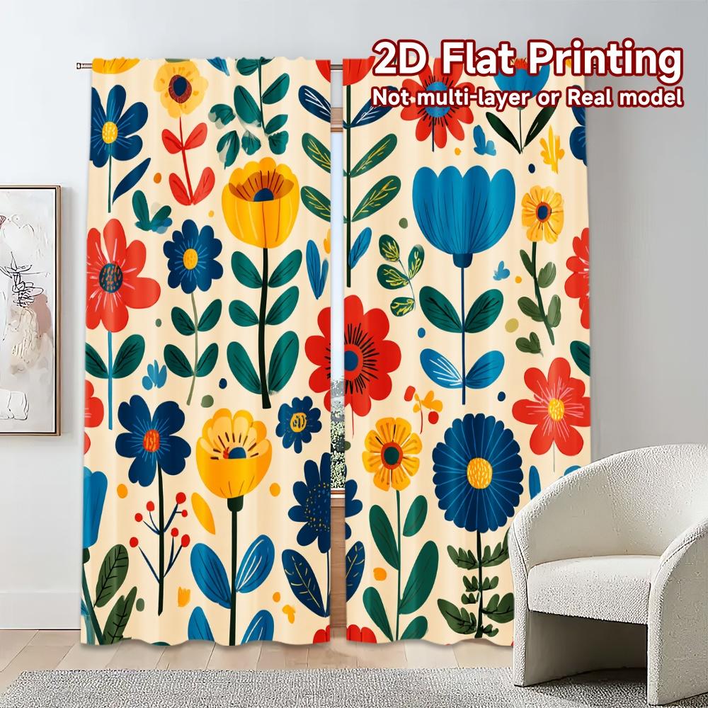 Set Of 2 Flat Printing Jit Curtains Without Rod Floral Whimsy Chic Curtain Durable Polyester Versatile All Use Made