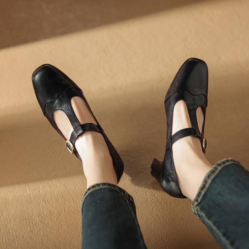 Fashion 2024 Spring Mary Janes Genuine Leather Women Shoes Square Toe Thick Heel Women Buckle Strap Commute Pumps Retro High Heels