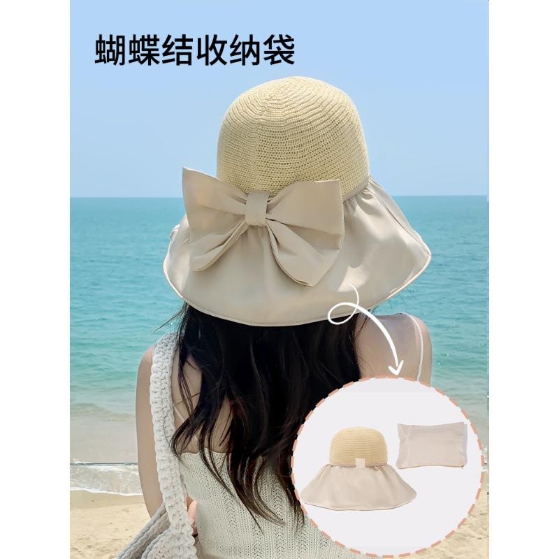Hat women's summer sunshade sunscreen UV protection bow bucket hat face cover vinyl sun hat can be stored
