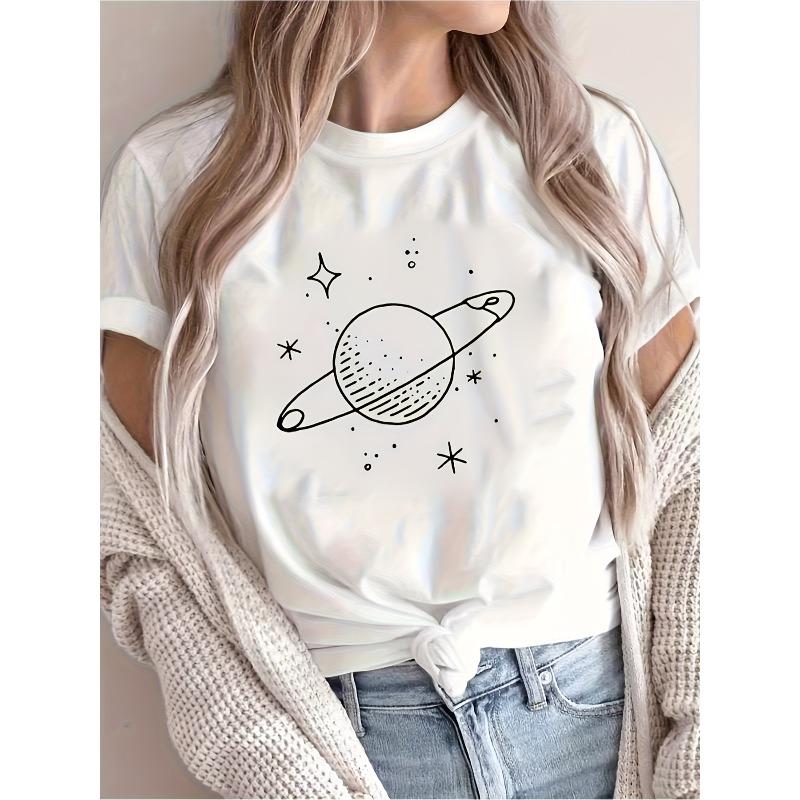 Women s Oversized Short Sleeve T-Shirt with Celestial Planet & Print - Round Neck Loose Fit Casual Blouse, -Line Silhouette for Casual Attire S белый