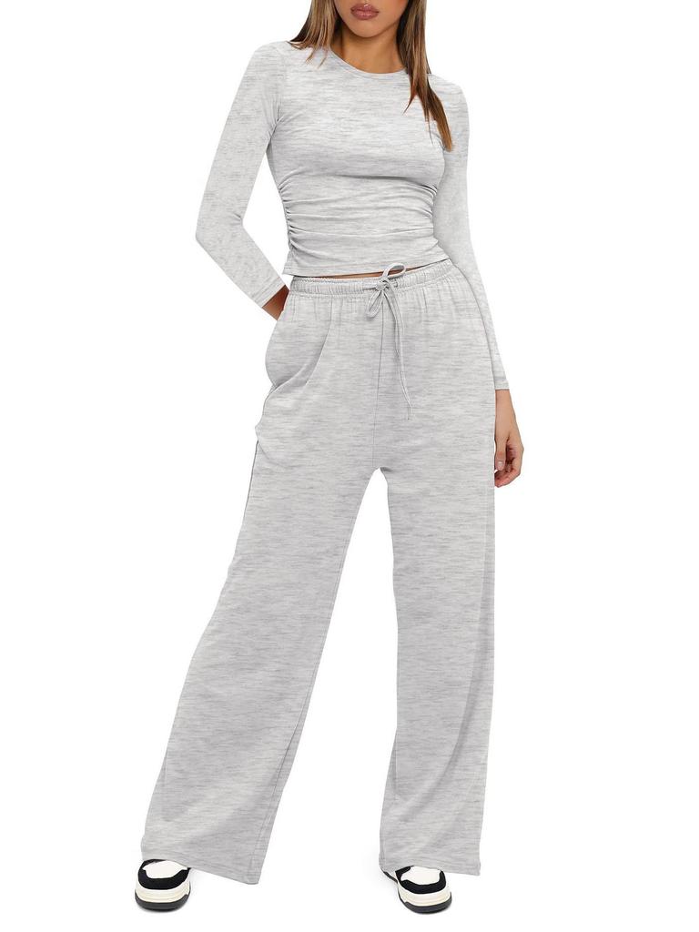 European & American Women's Solid Color Casual Sports Set: Long Sleeve Top & Wide-Leg Pants.