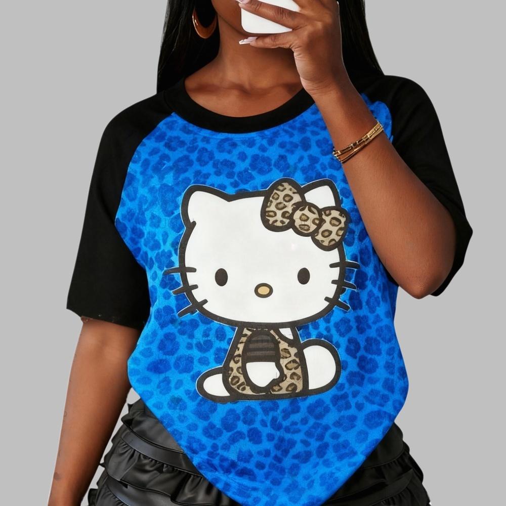Leopard Print Hello Kitty Sweet and Cool American Street Style Summer T-Shirt Loose Top