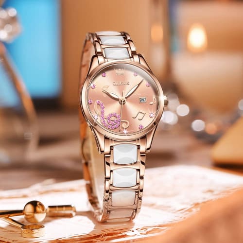 OLEVS Women's Watch, Pink, Cute, Popular, Waterproof, Luminous, Rose Gold, Japanese Movement, Bracelet Included, Ceramic, Easy to Read, Date
