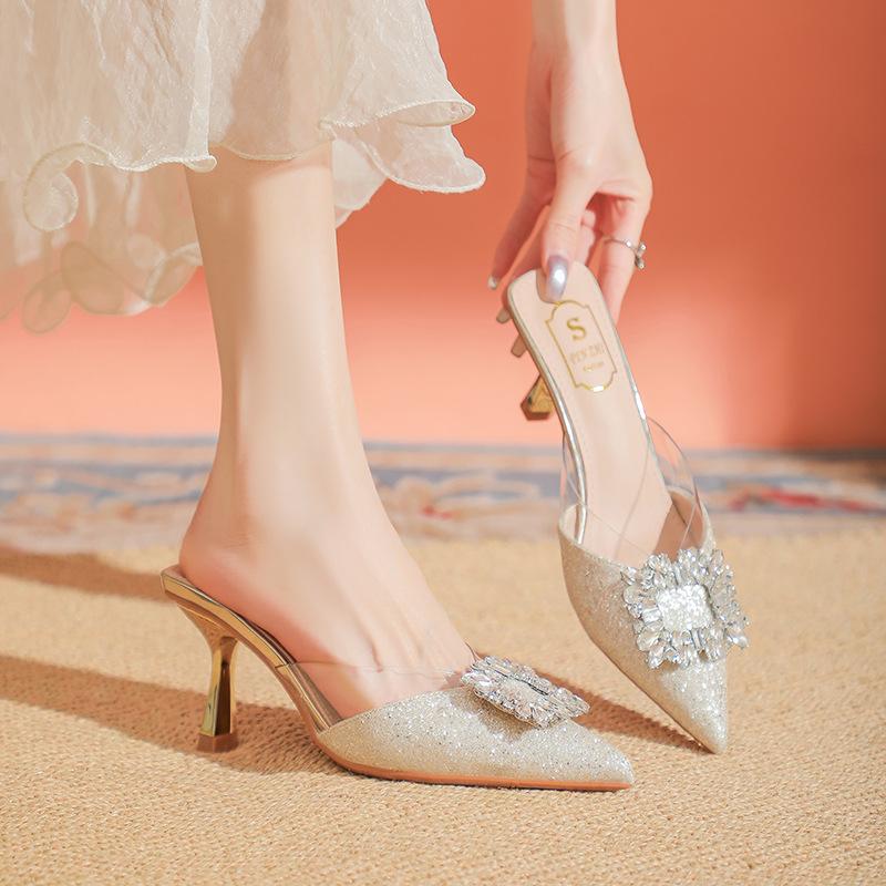 Temperament half slippers women's new summer rhinestone high-end fashion pointed transparent high heels