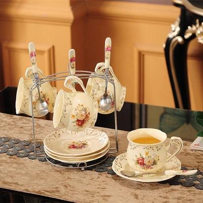 Rice Gold Rose Tea Set 800ml Bone China Teapot Coffee Cup Saucer Set Afternoon Tea Cup 225ml Drink Cup Kitchen Bar Supplies
