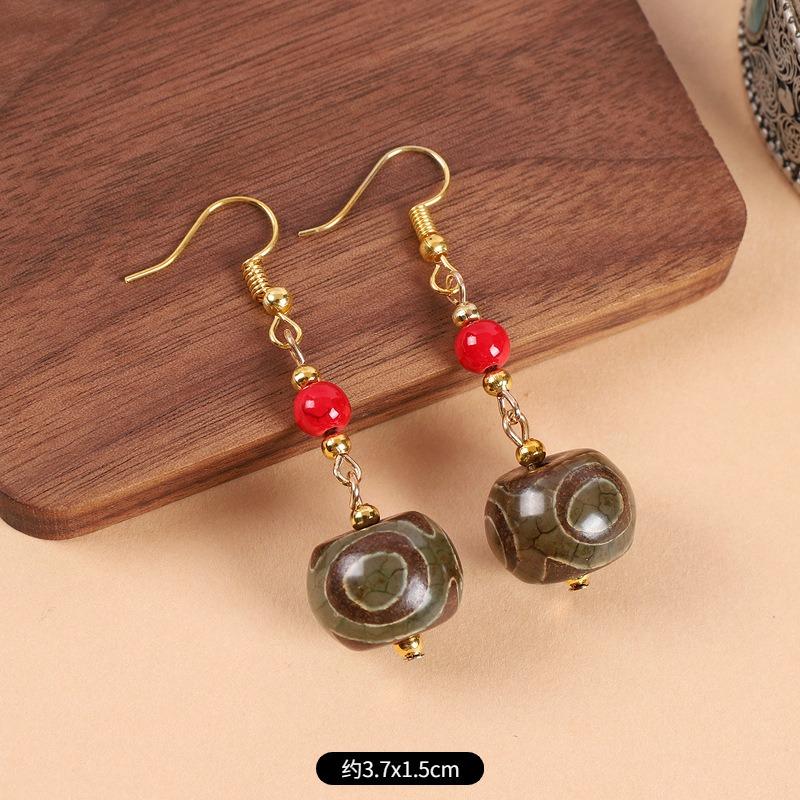 Original design Tibetan nine-eye dzi bead agate earrings retro literary tiger tooth earrings Chinese earrings women
