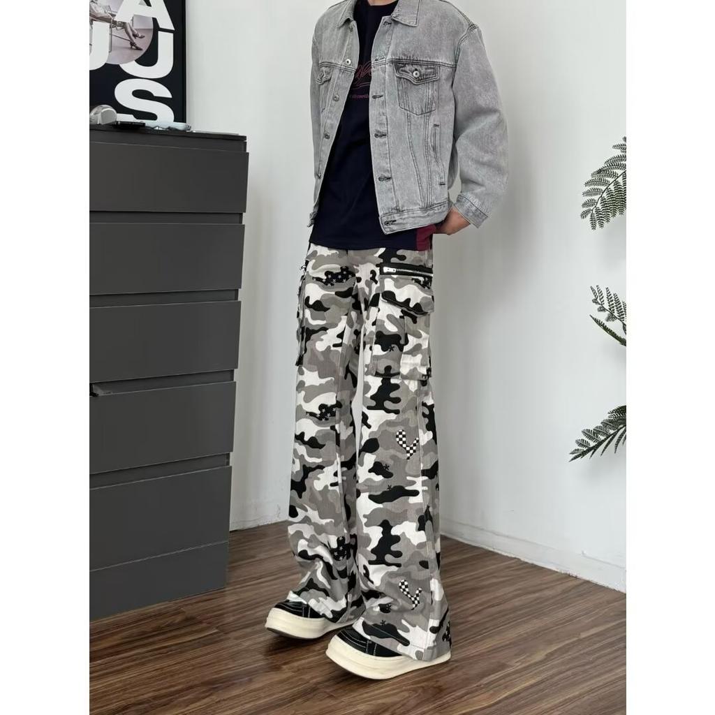 Men'S Denim, American Retro Washed Distressed Multi Pocket Workwear Jeans, Men'S And Women'S Loose Straight Leg Casual Pants, Trendy