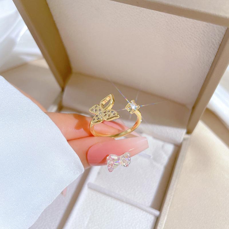 Real Gold Empty Butterfly Full Diamond Ring Opening Adjustable Simple Jewelry Japanese Ring Couple Ring