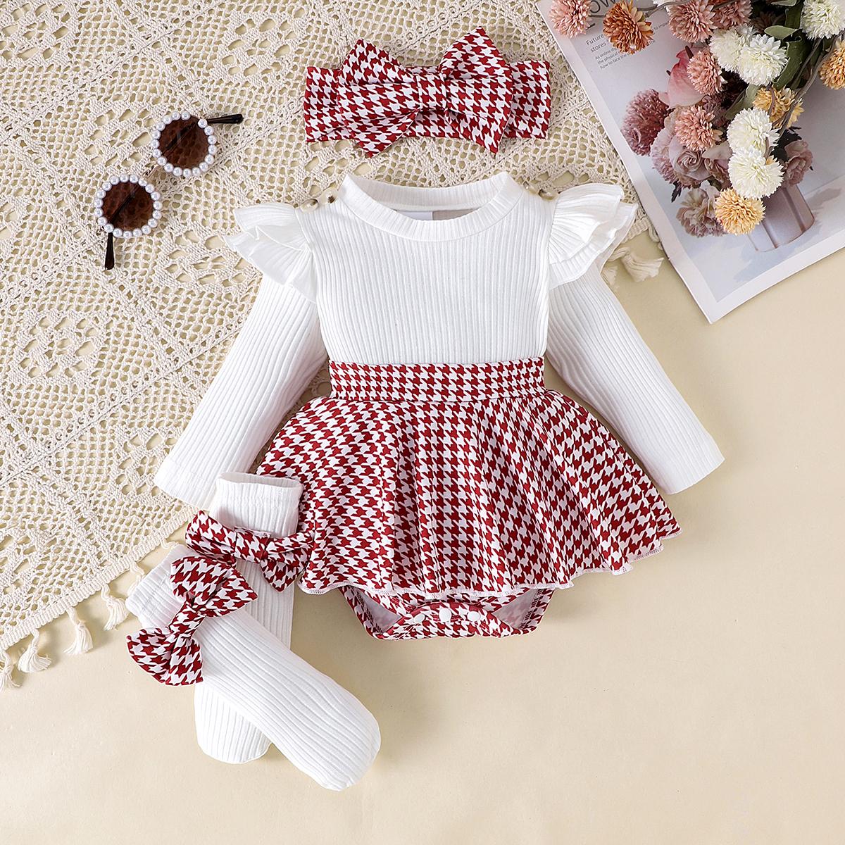 2 STUKS In de herfst hebben baby meisjes van 0-1 jaar comfortabele, lieve en schattige zwarte top + pied-de-poule rok + haarband 9-12M white