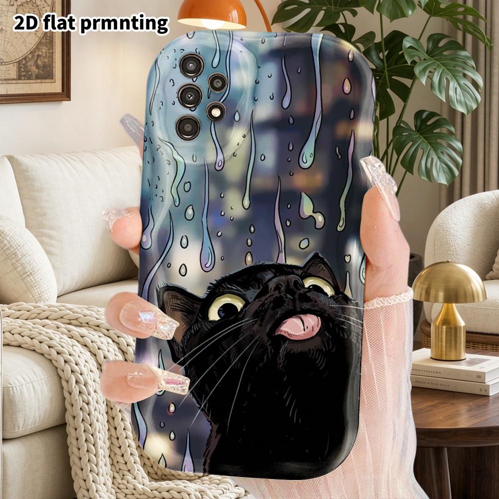 Phone Case: 2D Flat Samsung Galaxy A34 A35 M05 M06 S20 S22 S21 FE Plus 5G Protective Case, Couples Style, Little Black Cat On Rainy Night, Christmas a