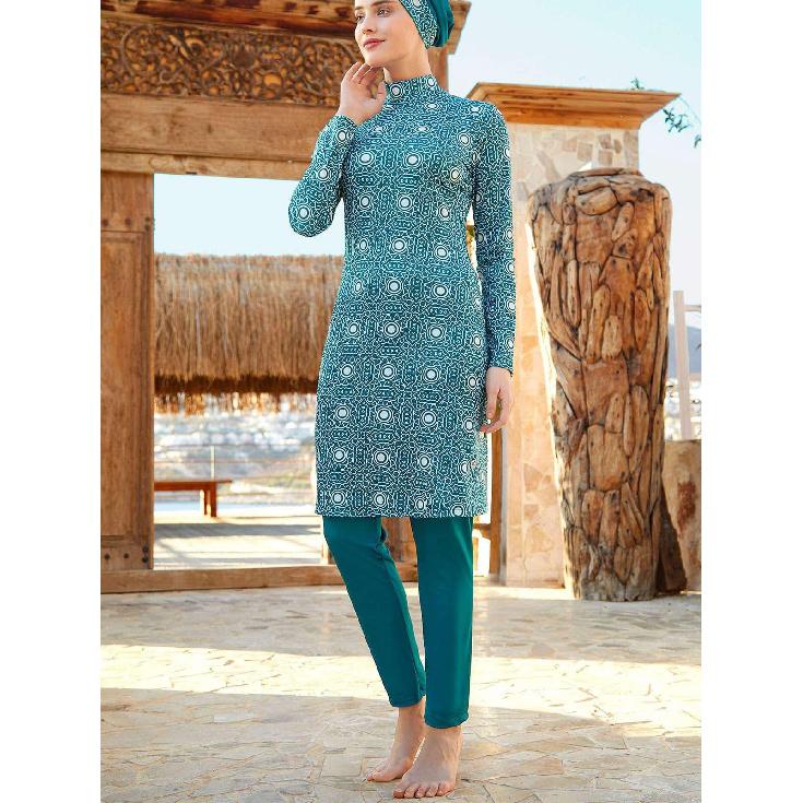 Costum de baie modest din 2 piese pentru femei musulmane, cu imprimeu albastru fluture cu frunze, costum de baie cu acoperire completă, set costum de baie pentru plajă, costum de baie burkini, multicolor