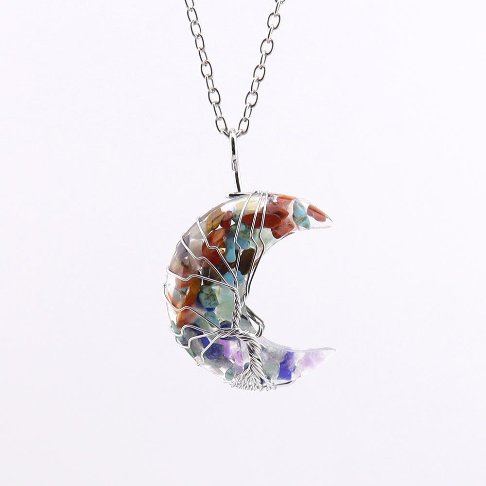 Chakela Crescent Moon Tree of Life Necklace with Natural Crystal Stones