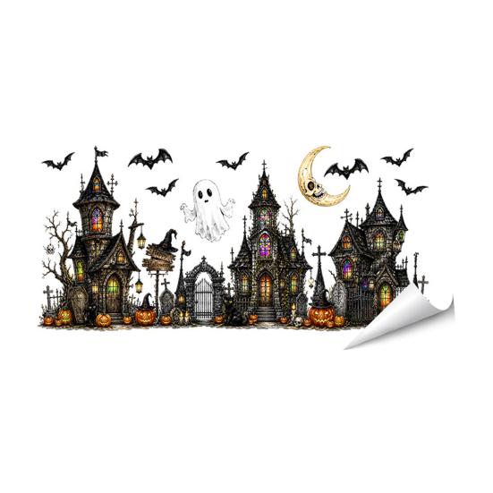 Black Cat Window Art Halloween Static Sticker, Ghost Castle Print Decals, Waterproof Wall Murals PVC Cling for Home Holiday Party Supplies