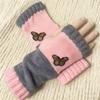 Gants en tricot sans doigts avec broderie de chat et patchwork, Gants décontractés ouverts aux doigts tendance pour femme, Mitaines chaudes d'hiver sans doigts