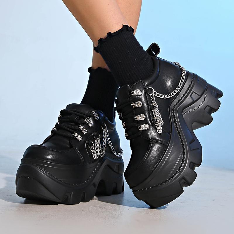 Fashion Gothic Punk Chunky Sneakers for Women Black Chain Decor Platform Sports Shoes Woman Thick Sole Non Slip Punk Sneakers Plus Size