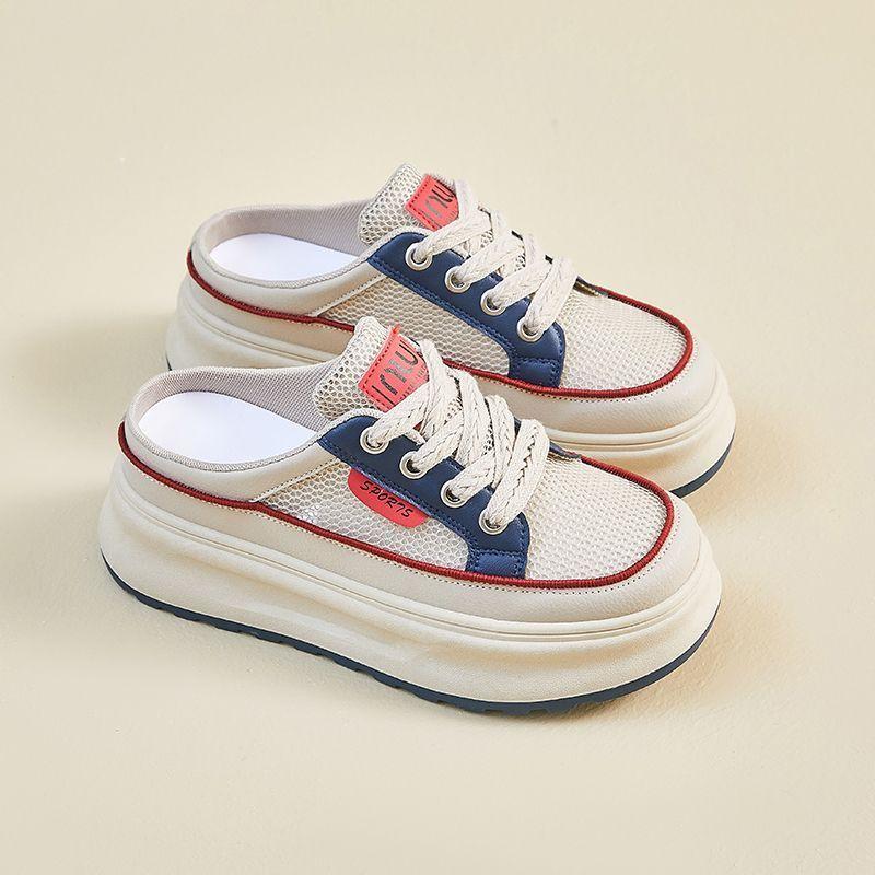 2025 Summer Half Tray White Shoes New Korean Version Ins Female Students Platform Mesh Casual Low-top Lace-up Slippers