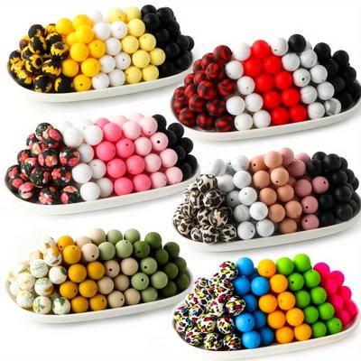 15mm Silicone Beads for DIY Jewelry Making - Vibrant Solid and Patterned Colors (yellow, Black, White, Pink, Red, Green, Blue) - Great for Key Rings