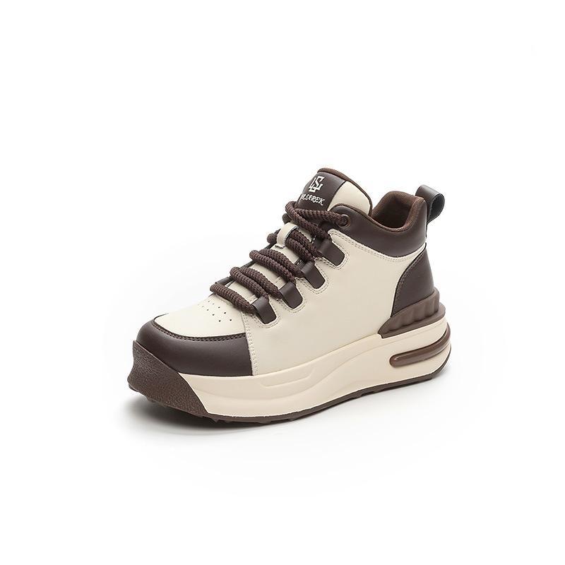 High-top Little White Shoes Women's Autumn New Leather Lace-up Casual Shoes Thick-soled Heightening Color Matching Board Shoes