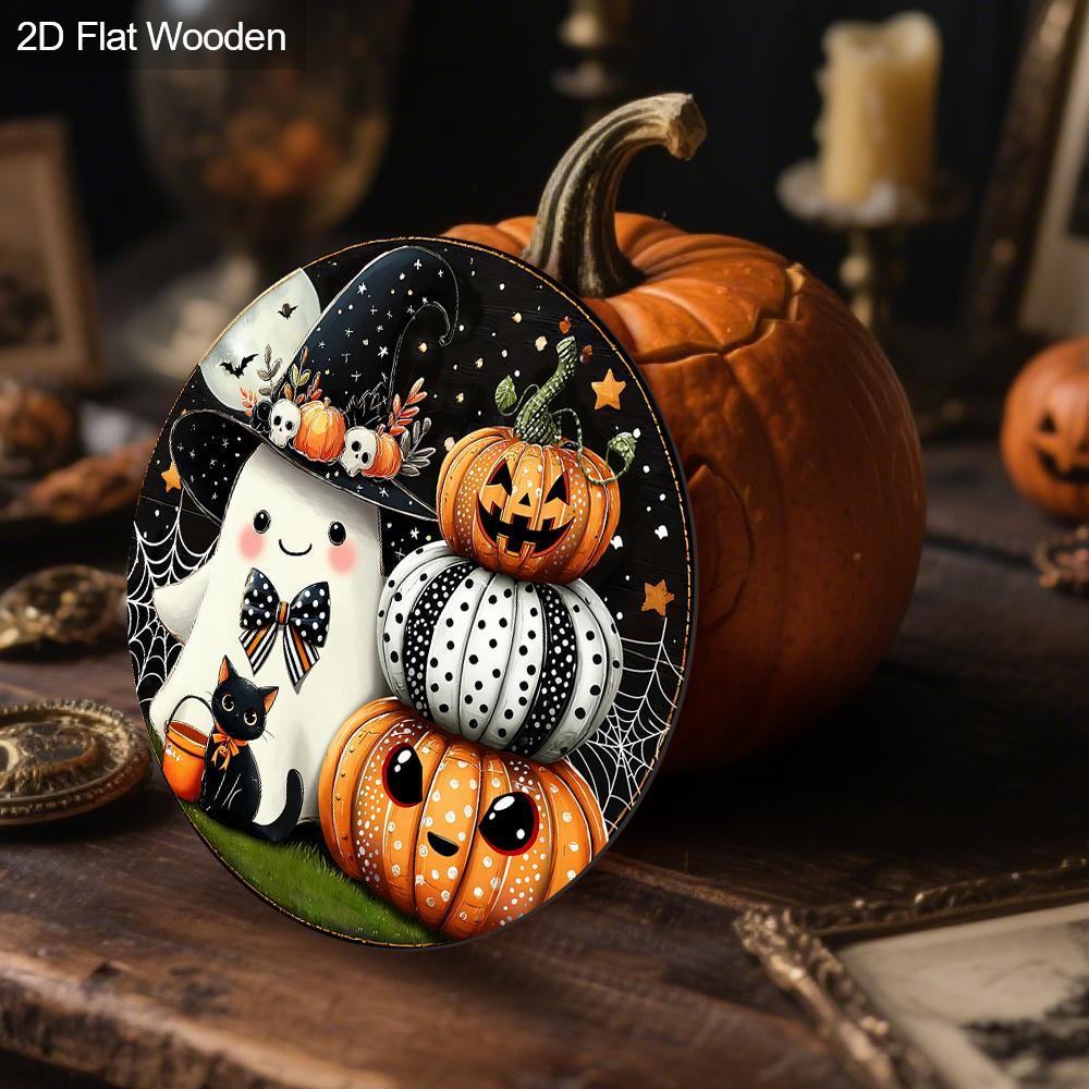 Halloween Wooden Sign with Pumpkin & Ghost Pattern - Charming Decorative Sign and Plaques - Ideal Front Door Decor - Halloween Decor