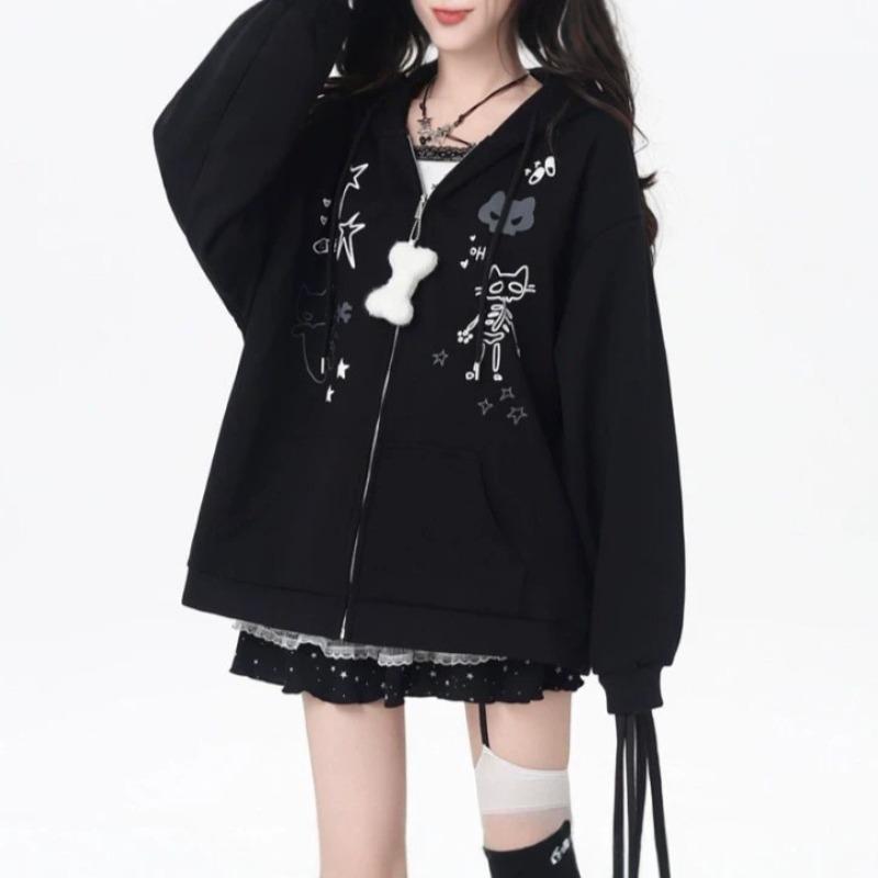 Subculture Wear Skull Cat Ears Hooded Jacket Women Autumn and Winter Fleece Loose Casual Lazy Grey Sweater Women