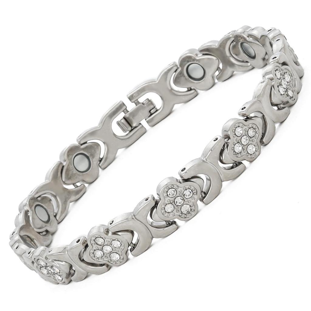 European & American Magnetic Bracelet: Fashionable Four-leaf Clover Alloy with Diamond Inlay, Single Row Magnetic Jewelry for Women.
