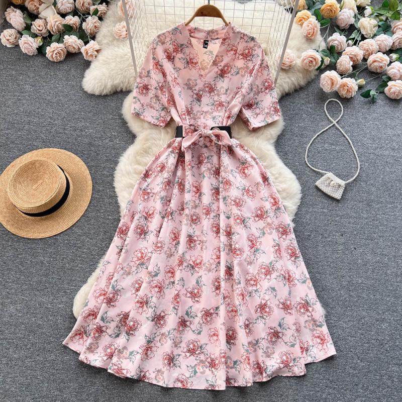 Summer new temperament shirt dress women's print waist over knee pendulum celebrity floral long skirt tide