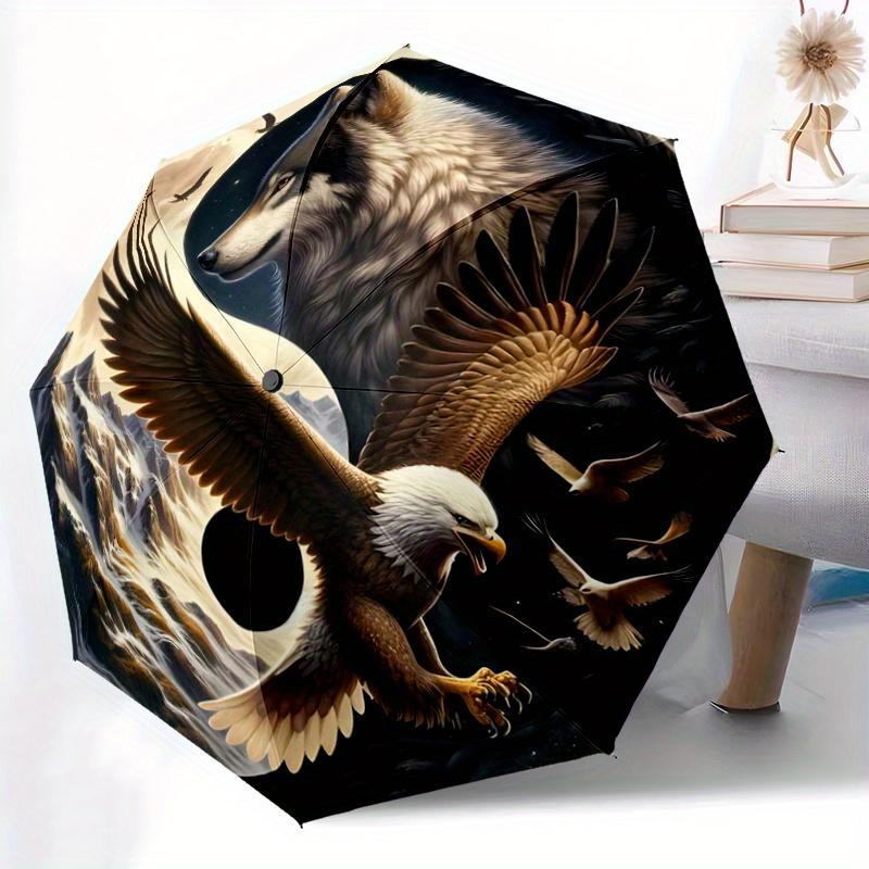 1pc Wolf and Eagle Yin Yang Automatic Opening and Closing Umbrella - Lightweight 3-Fold Design, Suitable for Fans, Travel, Daily Use, Interesting