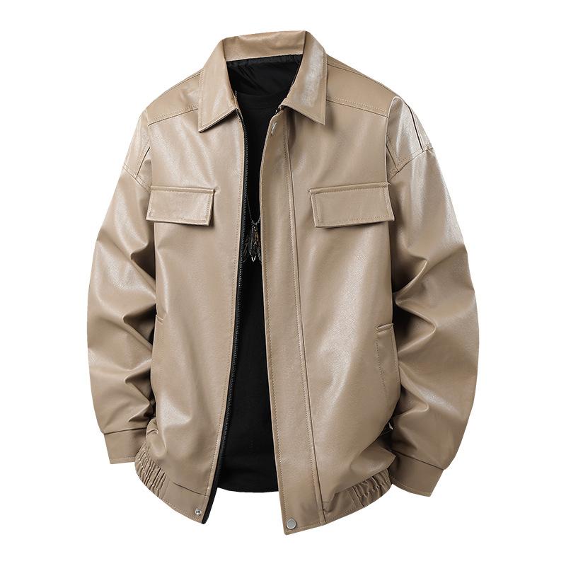 Men's leather jacket spring and autumn new lapel loose casual coat khaki black versatile short jacket men