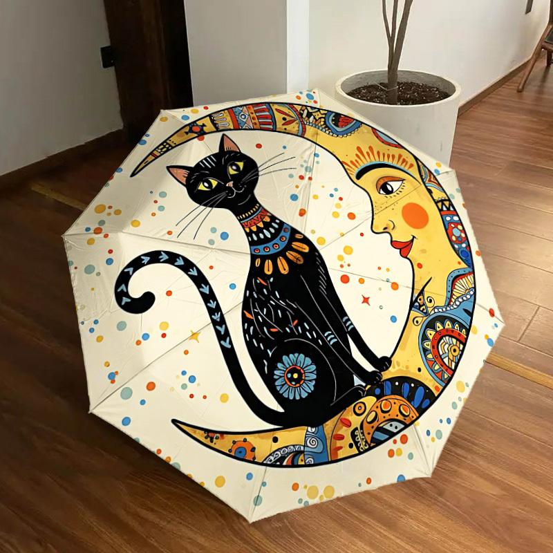 1PC Moon Cat Automatic Folding Umbrella - Compact 8-Rib Design, Durable Plastic & Iron, Lightweight for Outdoor Daily Use, Festive Gift067