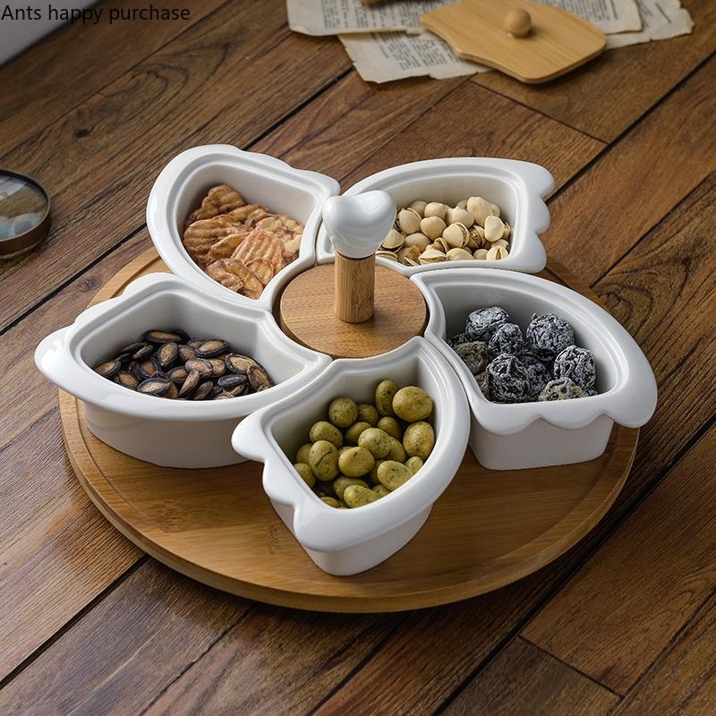 White Ceramic with Turntable Five Grid Fruit Plate with Wooden Lid Rotatable Snack Platter Dessert Snack Tray Fruit Plate Set