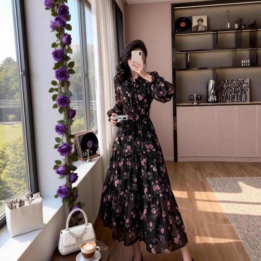 High-Quality Hong Kong Style Floral Ruffled Long Dress - Korean Chic Resort & Sweet Waist-Cinched Skirt