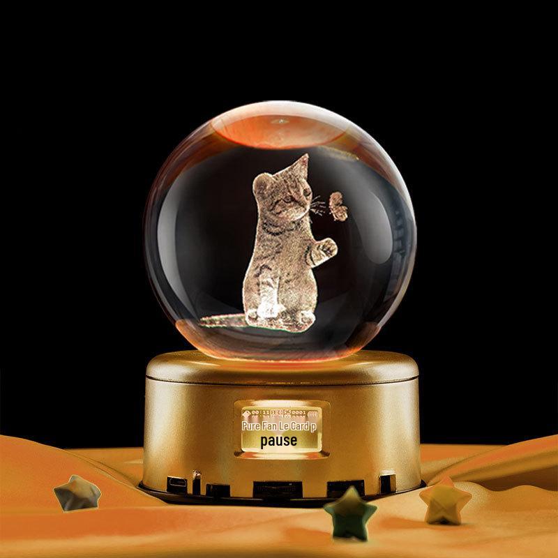 Ornament Sferă de Cristal Luminoasă Pisică Lumină de Noapte Sculptată 3D Cadou de Festival