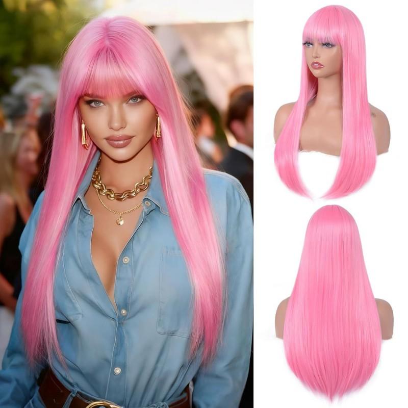Womens Light Blonde Long Straight Wig With Bangs High Temperature Fiber Synthetic Hairpiece